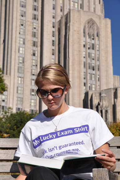 Studying in Pittsburgh in her lucky shirt.